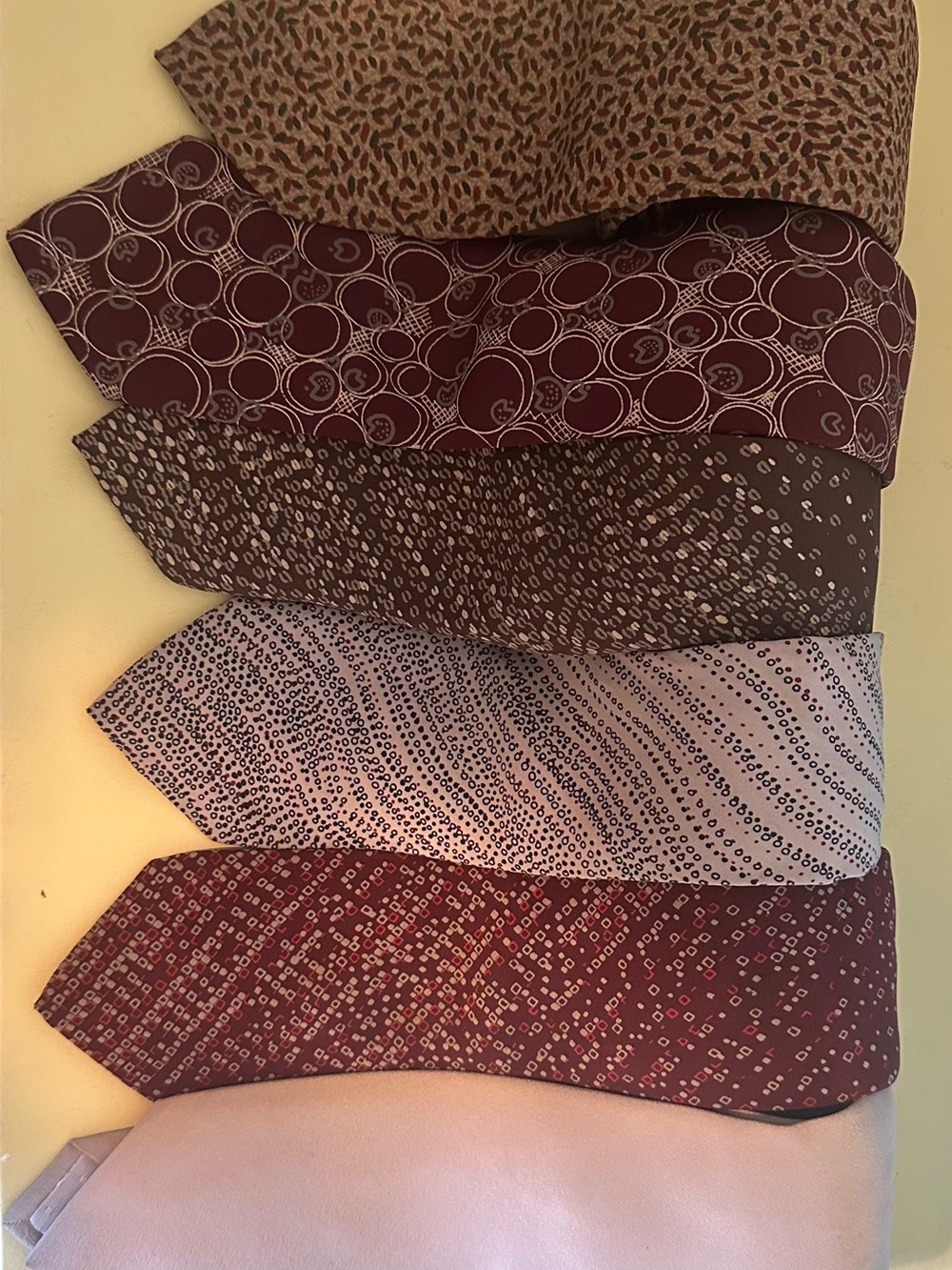 Five Men's Patterned Ties in Burgundy, Brown and Cream Tones